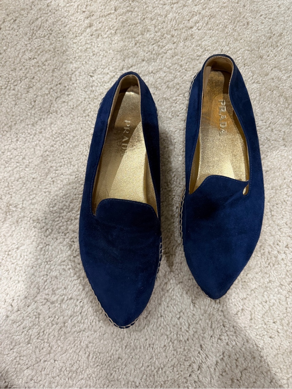 Prada Navy Suede Pointed Loafers with Gold Insoles